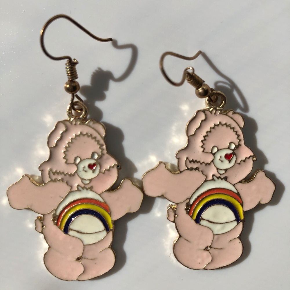 Earrings Vintage 80s Care Bears Cheers 2” Pink Metal Rainbow Festival Kitsch Y2K